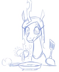 Size: 408x495 | Tagged: safe, artist:jargon scott, imported from derpibooru, queen chrysalis, changeling, changeling queen, bluescale, egg (food), female, food, frying pan, hoof hold, levitation, magic, monochrome, simple background, sketch, spatula, telekinesis, white background