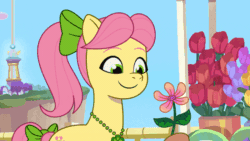 Size: 800x450 | Tagged: safe, imported from derpibooru, screencap, izzy moonbow, earth pony, pony, unicorn, spoiler:g5, spoiler:my little pony: tell your tale, spoiler:tyts01e44, animated, annoyed, card, eyes closed, female, flower, frown, g5, gif, mare, my little pony: tell your tale, posey bloom, posey can't catch a break, secret ad-mare-er, smell, smelling, valentine's day card