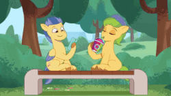 Size: 1280x720 | Tagged: safe, imported from derpibooru, screencap, hitch trailblazer, izzy moonbow, earth pony, pegasus, pony, unicorn, spoiler:tyts01e44, absurd file size, absurd gif size, animated, bench, blowing whistle, breaking, cellphone, colt, destruction, female, filly, foal, g5, gif, heart, hoof heart, jumping, male, mare, my little pony: tell your tale, phone, secret ad-mare-er, smartphone, smoothie, stallion, tree, underhoof, unnamed character, unnamed pony, unshorn fetlocks, whistle, youtube link