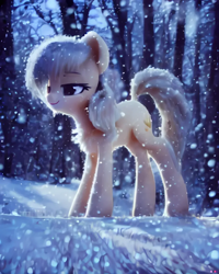 Size: 1024x1280 | Tagged: safe, oc, oc only, pony, female, forest, machine learning generated, mare, snow, snowfall, snowpony (species), solo, taiga pony