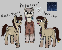 Size: 818x663 | Tagged: safe, alternate version, artist:barhandar, oc, oc only, oc:kochab, oc:north star, oc:polaris, pony, clothes, female, gray background, male, mare, open mouth, raised hoof, shaman, simple background, smiling, snowpony (species), stallion, taiga pony