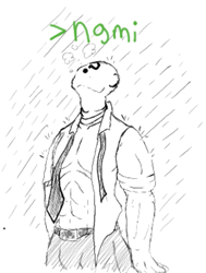 Size: 659x874 | Tagged: safe, artist:datte-before-dawn, oc, oc only, oc:anon, human, abs, clothes, greentext, male, open clothes, open shirt, rain, solo, text