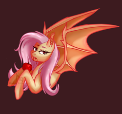Size: 1920x1800 | Tagged: safe, artist:kaori-miyoko, imported from derpibooru, fluttershy, bat pony, pony, apple, bat ponified, brown background, bust, fangs, female, flutterbat, food, hoof hold, mare, race swap, simple background, solo, spread wings, wings