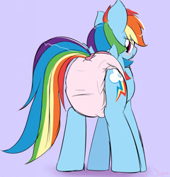 Size: 1231x1280 | Tagged: safe, artist:ricktin, imported from derpibooru, rainbow dash, pegasus, pony, blushing, butt, cute, diaper, diaper butt, diaper fetish, female, fetish, mare, non-baby in diaper, pink diaper, plot, purple background, simple background, solo