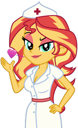 Size: 3028x4951 | Tagged: safe, artist:emeraldblast63, imported from derpibooru, sunset shimmer, human, equestria girls, breasts, busty sunset shimmer, cleavage, clothes, eyeshadow, female, floating heart, gloves, hat, heart, lipstick, makeup, motorcross, nurse, nurse hat, nurse outfit, red lipstick, simple background, solo, transparent background