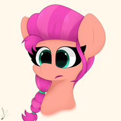 Size: 3000x3000 | Tagged: safe, artist:daftramms, imported from derpibooru, sunny starscout, earth pony, pony, bust, cute, fanart, g5, simple background, solo