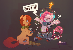 Size: 3079x2103 | Tagged: safe, artist:rexyseven, imported from derpibooru, oc, oc only, oc:koraru koi, oc:rusty gears, earth pony, merpony, pony, seapony (g4), arms wide open, augmented, bubble helmet, christmas, christmas lights, clothes, duo, eyes closed, helmet, holiday, lights, open mouth, open smile, prosthetic leg, prosthetic limb, prosthetics, rebreather, scarf, smiling, sock, socks, string lights, striped scarf, striped socks