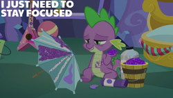 Size: 1920x1080 | Tagged: safe, edit, edited screencap, editor:quoterific, imported from derpibooru, screencap, spike, dragon, best gift ever, glitter, guitar, male, musical instrument, sleepy, solo, spike's room, twilight's castle, umbrella, winged spike, wings