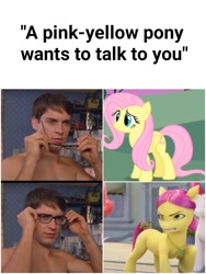 Size: 1500x1999 | Tagged: safe, edit, edited screencap, imported from derpibooru, screencap, fluttershy, zipp storm, earth pony, human, pegasus, pony, spoiler:my little pony: make your mark, expectation vs reality, female, g5, glasses, jewelry, mare, marvel, meme, my little pony: make your mark, necklace, peter parker, posey bloom, spider-man, tobey maguire, windy (g5)