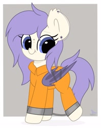 Size: 1621x2048 | Tagged: safe, artist:starbatto, imported from derpibooru, oc, oc only, oc:starviolet, pony, clothes, commission, commissioner:rainbowdash69, cuffed, cute, jumpsuit, never doubt rainbowdash69's involvement, prison outfit, prisoner, solo