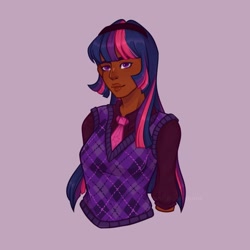 Size: 2638x2638 | Tagged: safe, artist:rubimlp6, imported from derpibooru, twilight sparkle, human, alternate hairstyle, argyle, blue background, clothes, cute, dark skin, female, hairband, humanized, indian, necktie, shirt, simple background, solo, sweater vest, twiabetes, vest