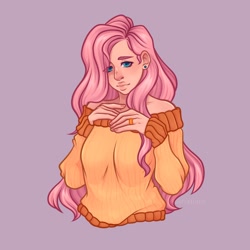 Size: 2532x2532 | Tagged: safe, artist:rubimlp6, imported from derpibooru, fluttershy, human, alternate hairstyle, blue background, clothes, cute, ear piercing, earring, female, humanized, jewelry, piercing, ring, shyabetes, simple background, solo, sweater, sweatershy