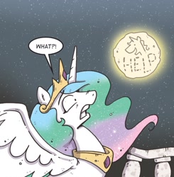 Size: 750x765 | Tagged: safe, artist:katiecandraw, idw, imported from derpibooru, princess celestia, alicorn, pony, spoiler:comic, spoiler:comicdeviations, deviations, dialogue, female, g4, mare, moon, solo, speech bubble