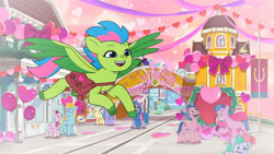 Size: 3072x1727 | Tagged: safe, imported from derpibooru, screencap, izzy moonbow, earth pony, pegasus, pony, unicorn, spoiler:g5, spoiler:my little pony: tell your tale, spoiler:tyts01e44, balloon, cameo, cellphone, colt, dahlia, female, filly, flying, foal, g5, grin, kazoo (g5), luminous dazzle, male, mare, my little pony: tell your tale, open mouth, open smile, phone, plum library, seashell (g5), secret ad-mare-er, smartphone, smiling, spread wings, stallion, unnamed character, unnamed pony, wings