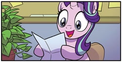 Size: 1334x681 | Tagged: safe, artist:michela cacciatore, idw, imported from derpibooru, phyllis, starlight glimmer, pony, unicorn, spoiler:comic, spoiler:comicgenerations01, cute, female, fern, g4, glimmerbetes, mare, my little pony: generations, reading, solo