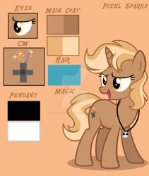 Size: 822x973 | Tagged: safe, artist:pastelthekittypaints, artist:pegasski, imported from derpibooru, oc, oc:pixel sparks, pony, unicorn, base used, beige background, deviantart watermark, horn, jewelry, necklace, obtrusive watermark, reference sheet, simple background, solo, standing, unicorn oc, watermark