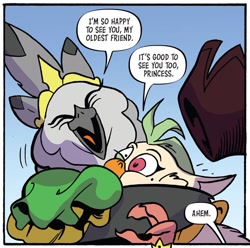 Size: 750x743 | Tagged: safe, artist:andypriceart, idw, imported from derpibooru, captain celaeno, anthro, bird, parrot, parrot pirates, spoiler:comic, spoiler:comic100, dialogue, duo, emanata, g4, gradient background, hug, ocypete, ornithian, pirate, season 10, speech bubble