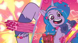 Size: 3072x1727 | Tagged: safe, imported from derpibooru, screencap, izzy moonbow, pony, unicorn, spoiler:g5, spoiler:my little pony: tell your tale, spoiler:tyts01e44, female, g5, indonesian, mare, my little pony: tell your tale, open mouth, open smile, secret ad-mare-er, smiling, solo, subtitles, wingding eyes