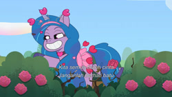 Size: 3072x1727 | Tagged: safe, imported from derpibooru, screencap, izzy moonbow, pony, unicorn, spoiler:g5, spoiler:my little pony: tell your tale, spoiler:tyts01e44, female, g5, grin, indonesian, mare, my little pony: tell your tale, secret ad-mare-er, smiling, solo, subtitles