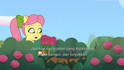 Size: 3072x1727 | Tagged: safe, imported from derpibooru, screencap, earth pony, pony, spoiler:g5, spoiler:my little pony: tell your tale, spoiler:tyts01e44, female, g5, indonesian, mare, my little pony: tell your tale, open mouth, posey bloom, secret ad-mare-er, solo, subtitles