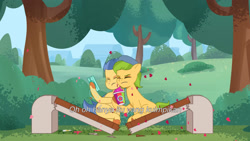 Size: 3072x1727 | Tagged: safe, imported from derpibooru, screencap, earth pony, pegasus, pony, spoiler:g5, spoiler:my little pony: tell your tale, spoiler:tyts01e44, alpine aspen, bench, cellphone, drink, duo, duo male and female, eyes closed, female, frown, g5, indonesian, lemon gear, male, mare, my little pony: tell your tale, not flash sentry, phone, secret ad-mare-er, smartphone, smoothie, stallion, subtitles