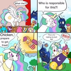 Size: 1772x1772 | Tagged: safe, artist:therainbowtroll, imported from derpibooru, kotobukiya, applejack, fluttershy, pinkie pie, princess celestia, princess luna, rainbow dash, scootaloo, twilight sparkle, alicorn, pegasus, pony, unicorn, 4 panel comic, applejack's hat, beach chair, betrayal, blushing, bucket, butt expansion, cannon, chair, comic, cowboy hat, cross-popping veins, crown, deep frier, dialogue, disproportionate retribution, eating, emanata, food, fuse, glowing, glowing horn, grass, gritted teeth, growth, hat, hatsune miku, horn, imagine spot, implied butt expansion, jewelry, kfc, kotobukiya hatsune miku pony, laughing, looking at someone, looking at something, lowering, magic, magic aura, onomatopoeia, open mouth, peril, pinpoint eyes, ponified, pony cannonball, popcorn, prank, regalia, rope, scootachicken, screaming, shocked, sky, smiling, smirk, sound effects, speech bubble, stage, suspended, sweat, sweatdrop, teeth, telekinesis, the ass was fat, this will end in a trip to the moon, thought bubble, to the moon, tree, trolluna, twilight sparkle (alicorn), vocaloid, volumetric mouth