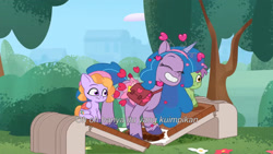 Size: 3072x1727 | Tagged: safe, imported from derpibooru, screencap, izzy moonbow, pegasus, pony, unicorn, spoiler:g5, spoiler:my little pony: tell your tale, spoiler:tyts01e44, bench, colt, eyes closed, female, filly, foal, frown, g5, grin, indonesian, male, mare, my little pony: tell your tale, secret ad-mare-er, skysport, smiling, subtitles, trio, unnamed character, unnamed pony