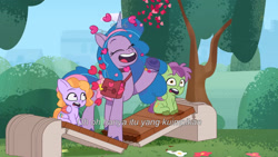 Size: 3072x1727 | Tagged: safe, imported from derpibooru, screencap, izzy moonbow, pegasus, pony, unicorn, spoiler:g5, spoiler:my little pony: tell your tale, spoiler:tyts01e44, bench, colt, eyes closed, female, filly, foal, g5, indonesian, male, mare, my little pony: tell your tale, open mouth, open smile, secret ad-mare-er, skysport, smiling, subtitles, trio, unnamed character, unnamed pony