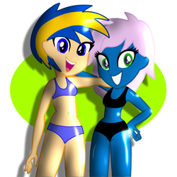 Size: 2048x2048 | Tagged: safe, artist:johnnybro2883, artist:skyfallfrost, imported from derpibooru, oc, oc:flare spark, oc:radiant rail, human, equestria girls, base used, belly, belly button, belly piercing, bellyring, bikini, clothes, duo, duo female, female, piercing, shiny, simple background, simple shading, swimsuit