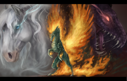 Size: 1800x1150 | Tagged: safe, artist:antarija, imported from derpibooru, dragon, horse, hybrid, longma, them's fightin' herds, community related, epic, female, fiery wings, honored father (tfh), honored mother (tfh), mane of fire, realistic, solo, tianhuo (tfh), wings