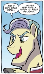 Size: 750x1271 | Tagged: safe, artist:tonyfleecs, idw, imported from derpibooru, earth pony, pony, spoiler:comic, spoiler:comic87, dialogue, g4, gradient background, male, silver streak, solo, speech bubble, stallion, unshorn fetlocks