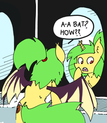 Size: 1338x1542 | Tagged: safe, artist:ponny, imported from derpibooru, oc, oc only, oc:piña, alicorn, bat pony, bat pony alicorn, hybrid, pony, unicorn, bat pony oc, bat wings, dialogue, horn, hybrid oc, implied trans, mirror, post-transformation, solo, speech bubble, unicorn oc, wings