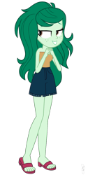 Size: 637x1267 | Tagged: safe, artist:ajosterio, imported from derpibooru, wallflower blush, human, equestria girls, clothes, female, freckles, legs, lidded eyes, pockets, sandals, shorts, simple background, smiling, solo, transparent background, tube top