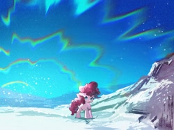 Size: 2160x1620 | Tagged: safe, artist:lendftcn, imported from derpibooru, pinkie pie, earth pony, pony, aurora borealis, blank flank, female, filly, filly pinkie pie, foal, snow, snowfall, solo, winter, younger