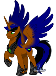 Size: 937x1280 | Tagged: safe, artist:nightlightartz, imported from derpibooru, oc, oc only, oc:surge navyheart, alicorn, pony, alicorn oc, base used, colored wings, green eyes, hoof shoes, horn, long horn, male, male alicorn, multicolored wings, peytral, raised hoof, simple background, solo, spread wings, stallion, transparent background, wings