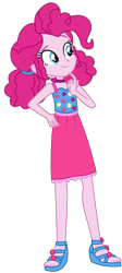 Size: 915x2048 | Tagged: safe, artist:ajosterio, imported from derpibooru, pinkie pie, human, equestria girls, equestria girls series, spring breakdown, spoiler:eqg series (season 2), bare shoulders, clothes, dots, dress, eyebrows, female, geode of sugar bombs, legs, magical geodes, midriff, raised eyebrow, shoes, simple background, sleeveless, smiling, solo, spring break, transparent background