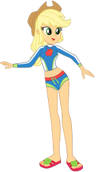 Size: 751x1345 | Tagged: safe, artist:ajosterio, imported from derpibooru, applejack, human, equestria girls, equestria girls series, forgotten friendship, apple, applejack's hat, belly, belly button, clothes, cowboy hat, female, geode of super strength, hat, jewelry, legs, long sleeves, magical geodes, midriff, necklace, sandals, simple background, slim, solo, swimsuit, thin, transparent background