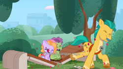 Size: 3072x1727 | Tagged: safe, imported from derpibooru, screencap, hitch trailblazer, earth pony, pegasus, pony, spoiler:g5, spoiler:my little pony: tell your tale, spoiler:tyts01e44, bench, colt, eyes closed, female, filly, foal, g5, hitch trailblazer's police whistle, indonesian, male, my little pony: tell your tale, open mouth, secret ad-mare-er, skysport, stallion, subtitles, trio, unnamed character, unnamed pony, whistle, whistle necklace