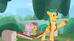 Size: 3072x1727 | Tagged: safe, imported from derpibooru, screencap, hitch trailblazer, earth pony, pegasus, pony, spoiler:g5, spoiler:my little pony: tell your tale, spoiler:tyts01e44, bench, colt, female, filly, foal, g5, hitch trailblazer's police whistle, indonesian, male, my little pony: tell your tale, secret ad-mare-er, skysport, stallion, subtitles, trio, unnamed character, unnamed pony, whistle, whistle necklace