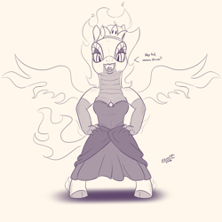 Size: 2000x2000 | Tagged: safe, artist:ebvert, imported from derpibooru, anthro, dragon, hybrid, longma, unguligrade anthro, them's fightin' herds, bipedal, breasts, claws, clothes, community related, dress, female, fiery wings, mane of fire, solo, super crown, tianhuo (tfh), wings