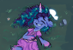 Size: 760x516 | Tagged: safe, artist:kreeeeeez, imported from derpibooru, butterfly, pony, unicorn, clothes, cornrows, cute, dress, eyes closed, female, freckles, g5, grass, happy, lying down, misty brightdawn, mistybetes, rapunzel, smiling, solo, tangled (disney)