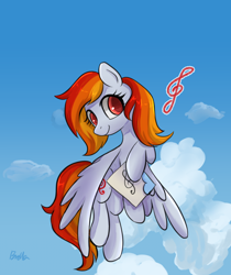 Size: 1080x1287 | Tagged: safe, artist:brella, imported from derpibooru, oc, oc only, oc:tridashie, pegasus, cloud, flying, solo