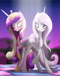 Size: 2832x3600 | Tagged: safe, artist:omnisimon11, imported from derpibooru, fleur-de-lis, princess cadance, alicorn, pony, unicorn, blushing, butt bump, butt to butt, butt touch, dance floor, dancing, do not want, duo, female, fleurdance, high res, infidelity, lesbian, looking at each other, looking at someone, mare, shipping, thin legs