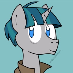 Size: 1600x1600 | Tagged: safe, artist:nickonimura, imported from derpibooru, stygian, pony, unicorn, blue background, bust, cloak, clothes, male, portrait, simple background, smiling, solo, stallion