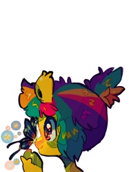 Size: 643x860 | Tagged: safe, artist:zira_dawn, imported from derpibooru, oc, oc only, oc:zira dawn, butterfly, pony, butterfly on nose, insect on nose, ponytail, simple background, solo, sparkles, unshorn fetlocks, white background
