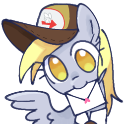 Size: 2048x2048 | Tagged: safe, artist:omelettepony, imported from derpibooru, derpy hooves, pegasus, pony, clothes, colored pupils, cute, delivery pony, derp, derpabetes, eye clipping through hair, female, hat, heart, letter, looking at you, love letter, mailmare hat, mailmare uniform, mare, mouth hold, no pupils, simple background, smiling, smiling at you, solo, spread wings, uniform, white background, wings