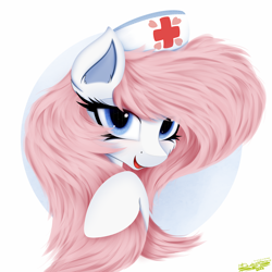 Size: 4000x4000 | Tagged: safe, artist:ser-p, imported from derpibooru, nurse redheart, pony, absurd resolution, alternate hairstyle, cute, heartabetes, lidded eyes, looking at you, nurse, open mouth, open smile, simple background, smiling, smiling at you, solo, white background