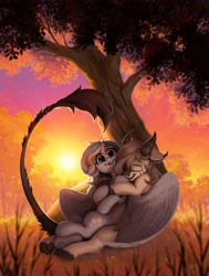 Size: 3094x4096 | Tagged: safe, artist:amishy, imported from derpibooru, oc, oc only, hybrid, pegasus, pony, cuddling, duo, horns, hug, hug from behind, oc x oc, shipping, sunset, tree