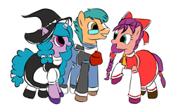 Size: 1328x823 | Tagged: safe, anonymous artist, derpibooru exclusive, imported from derpibooru, hitch trailblazer, izzy moonbow, sunny starscout, earth pony, pony, unicorn, bag, base used, bow, clothes, cosplay, costume, crossover, dress, female, g4, g5, g5 to g4, generation leap, glasses, hakurei reimu, hat, kirisame marisa, male, mare, morichika rinnosuke, simple background, skirt, stallion, touhou, transparent background, trio, witch hat