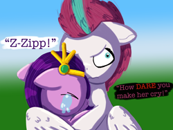 Size: 2048x1536 | Tagged: safe, artist:the crystal artist, derpibooru exclusive, imported from derpibooru, pipp petals, zipp storm, pegasus, pony, angry, annoyed, big sister instinct, crying, dialogue, duo, duo female, eyes closed, female, floppy ears, folded wings, frown, g5, gradient background, hug, jewelry, lineless, mare, name, pinpoint eyes, protecting, royal sisters (g5), sad, shading, sibling love, siblings, sisterly love, sisters, text, tiara, unamused, winghug, wings, zipp storm is not amused